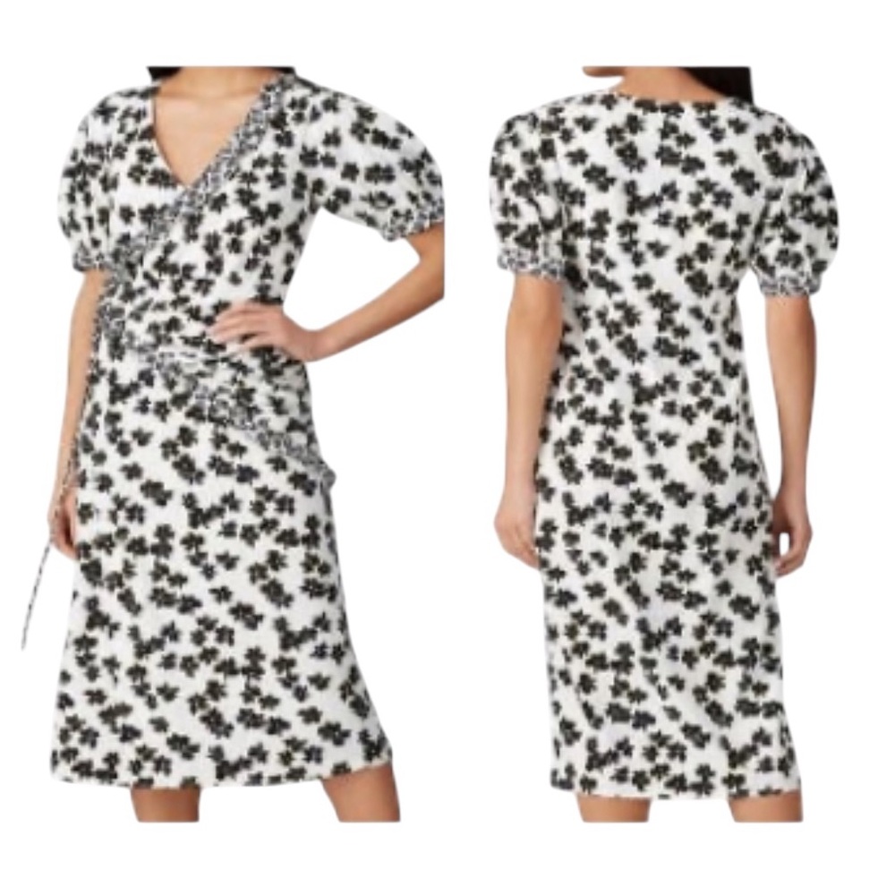Love, Whit by Whitney Port V-Neck Black/White Floral Wrap Midi Dress Size Small